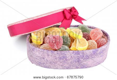 Testy jelly candies in present box isolated on white