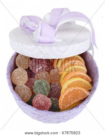 Testy jelly candies in present box isolated on white
