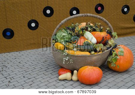Autumn Decoration Of Vegetable In Wicker Backet