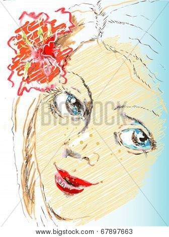 Vector portrait sketch  girl with flower