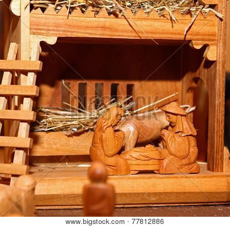 Nativity Scene With Holy Family In Wood