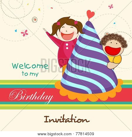 Kids birthday celebration Invitation card with cute and happy kids escaping behind birthday cap.