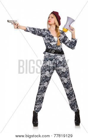 Woman soldier with gun and loudspeaker isolated on white