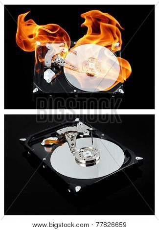 Opened external hard drive on fire. Hard disk failure. Data loss concept, computer crash.