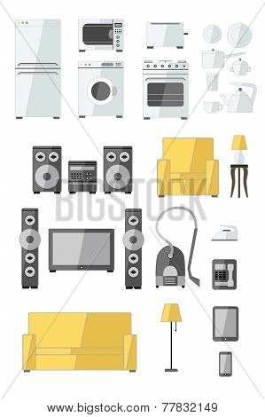 Set of household appliances flat colourful icons with a washing machine stove fridge speaker iron mi