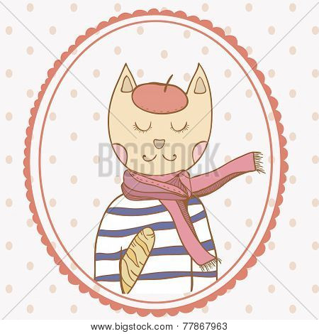 French parisian cat hand drawn illustration polka dot backdrop