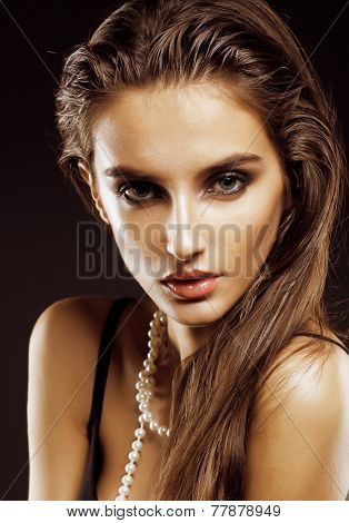beauty young  woman with jewellery close up, luxury portrait of rich real girl, party makeup