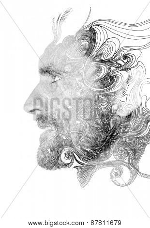 Double exposure portrait of confident man combined with hand drawn pattern
