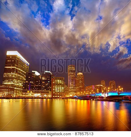 Boston sunset skyline from Fan Pier in Massachusetts USA