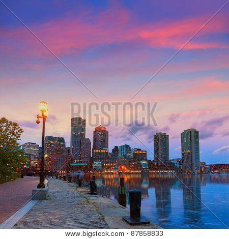 Boston sunset skyline from Fan Pier in Massachusetts USA