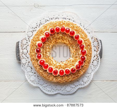 Frankfurt Crown Cake With Cherries On White Wooden