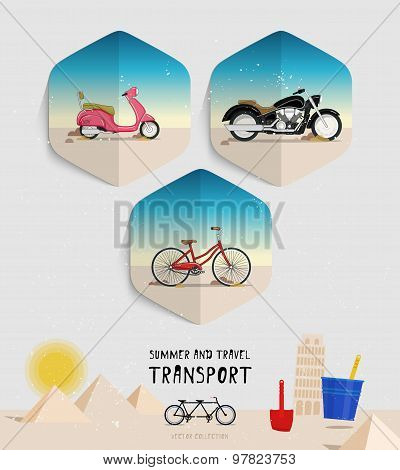 Vector summer and travel transport icons set. Flat style. Moped, motorcycle, bicycle logo.