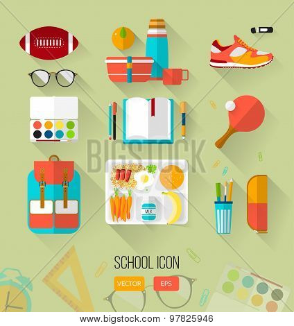 School illustration workspace. Set of school icons in flat style with long shadows.