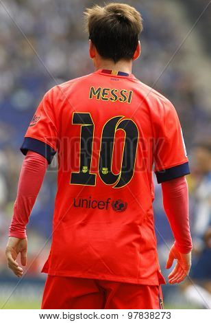 BARCELONA - APRIL, 25: Back of Leo Messi of FC Barcelona during a Spanish League match against RCD Espanyol at the Power8 stadium on April 25 2015 in Barcelona Spain