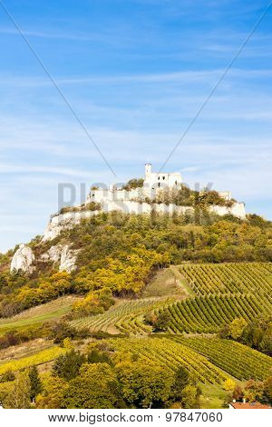 ruins of Falkenstein Castle with vineyard in autumn, Lower Austria, Austria