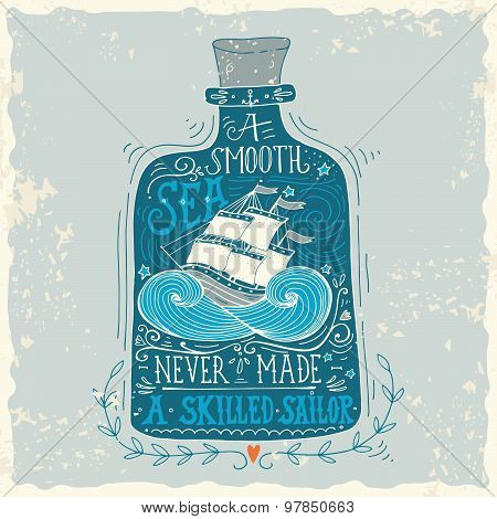 Hand Drawn Vintage Label With A Ship In A Bottle And Hand Lettering