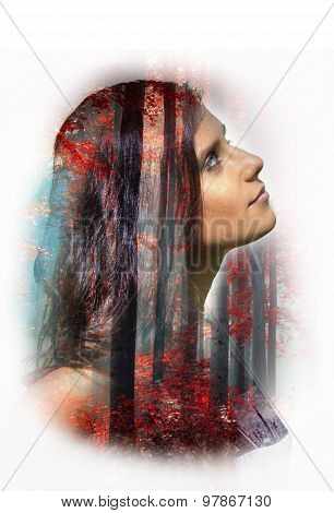 Double exposure beautiful woman portrait and forest on background