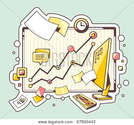 Vector Color Illustration Of Office Workplace On Green Background.