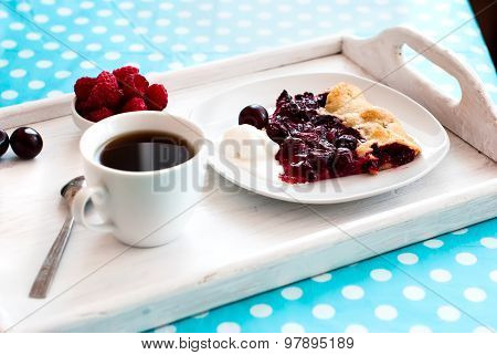 Biscuit With Cherries And A Cup Of Coffee