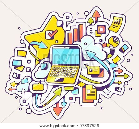 Vector Color Illustration Of Laptop Operation On Light Background.