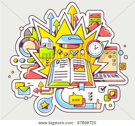 Vector Colorful Illustration Of Education With Open Book And Graduate Cap On Light Background.
