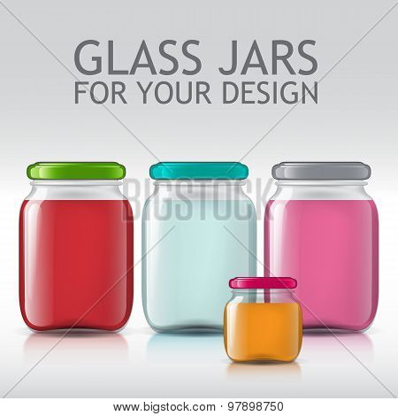 Glass bottles empty transparent set. Template of glass jars. Bank juice, jam, liquids.