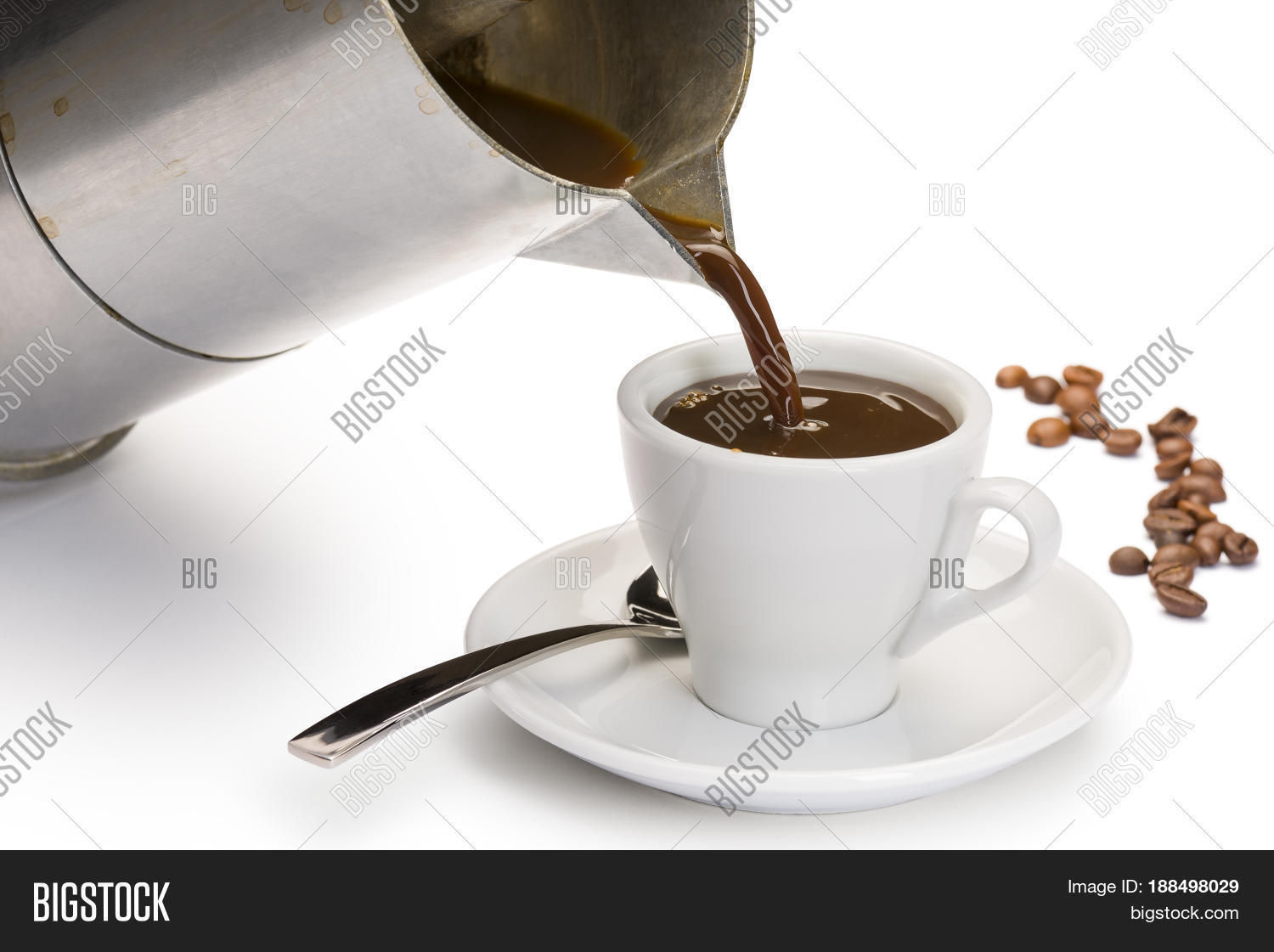 Coffeepot Pouring Black Coffee Into Cup On White Background Coffeepot Pouring Black Coffee Into Cup On White Background