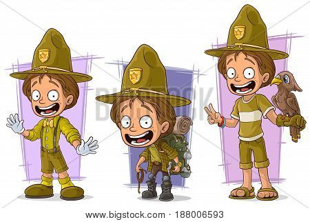 Cartoon young smiling boyscout ranger and tourist character vector set