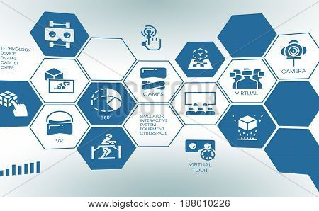 Stylized pictogram of new device virtual augmented reality. Tap screen concept with flat logo digital AR technology future. simulator interactive system cyber space. Vector illustration