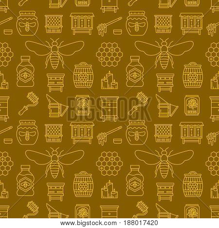 Beekeeping colored seamless pattern, apiculture vector illustration. Apiary thin line icons - bee, beehives, barrel. Cute repeated texture for honey processing business. Yellow, dark color.