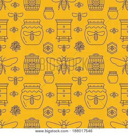 Beekeeping seamless pattern yellow color, apiculture vector illustration. Apiary thin line icons bee, beehive, honeycomb, barrel. Cute repeated texture for honey processing business.