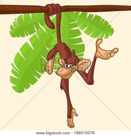 Cute Monkey Chimpanzee Hanging On Wood Branch Flat Bright Color Simplified Vector Illustration In Fun Cartoon Style Design