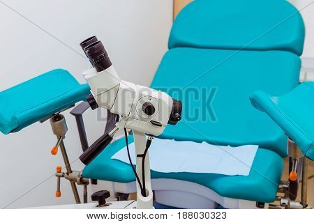 Colposcope And Chair In The Gynecology Office. Selective Focus