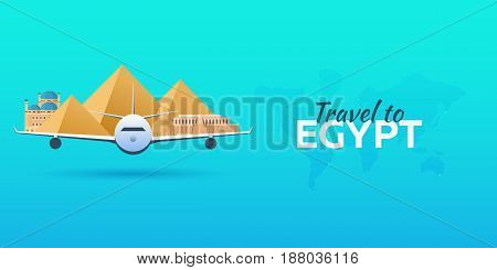 Travel To Egypt. Airplane With Attractions. Travel Vector Banners. Flat Style.