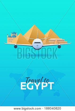Travel To Egypt. Airplane With Attractions. Travel Vector Banners. Flat Style.