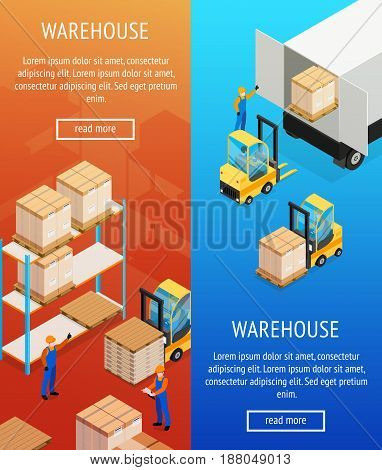 Warehouse vertical isometric banners with shelves with goods for storage, unloading cargo from lorry isolated vector illustration