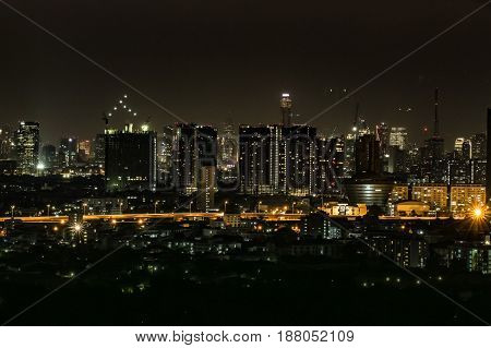 High angle view of city scape at night