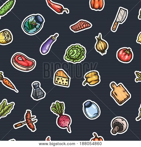 Hand drawn cartoon seamless pattern of food and kitchen stuff. Vector isolated illustrations.