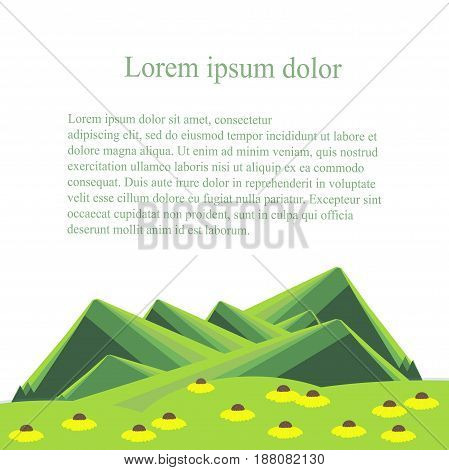 Background with mountain landscape below on white. Green hills, valley with white yellow flowers, Lorem ipsum. Modern flat design stock vector illustration