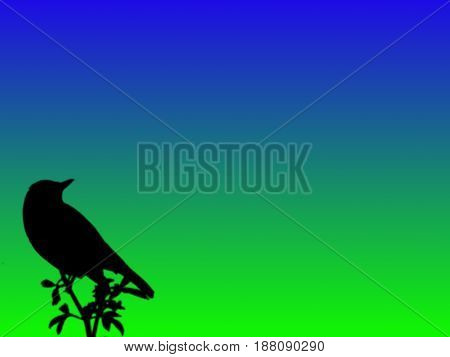 Nature concept. Bird silhouette. Bird clinging to a branch. Blue and green gradient background. Bird clinging to a top part of the tree. Awareness about nature