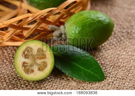 Green exotic fruit feijoa, a healthy and juicy product