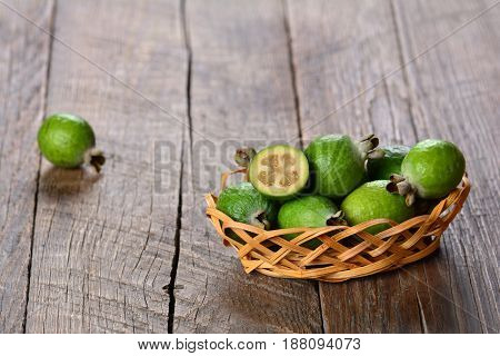Green exotic fruit feijoa, a healthy and juicy product