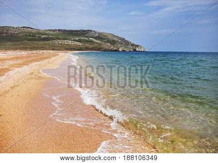 deserted sandy seashore. Black sea landscape Crimea