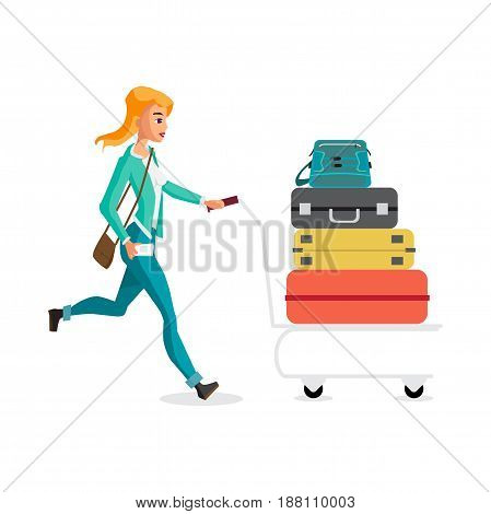 Young woman with a trolley with luggage in the airport terminal is late for the plane. Vector flat cartoon illustration isolated