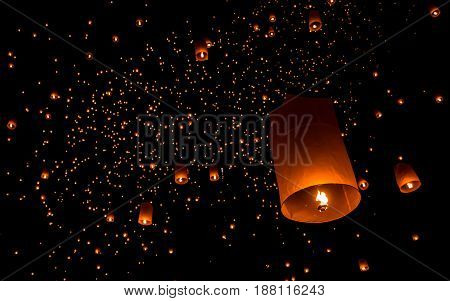 Floating lantern Yi PengFirework Festival in Chiangmai Thailand