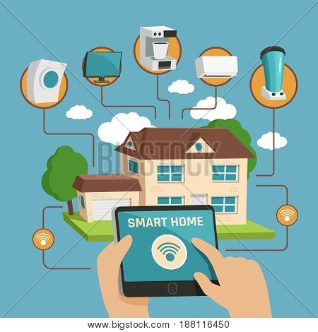 Smart home design concept with private house building and household electronic appliances managed by internet flat vector illustration