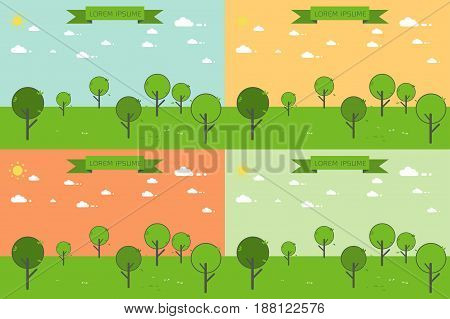 Forest trees landscape illustration background ecology concept. cartoon nature landscape background with soil green trees and cloudy sky.