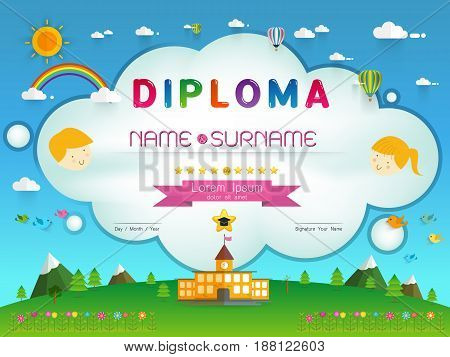 Certificate kids diploma kindergarten template layout background frame design Vector illustration. Preschool Elementary school Kids Diploma certificate background design template