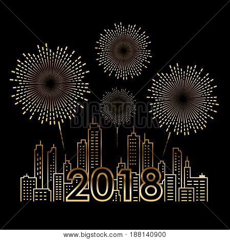 Gold 2018 text on Cityscape Building and firework celebration line art vector design