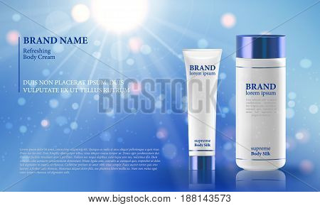 Blue background with realistic 3D vector moisturizing cosmetic cleansing premium products. Premium VIP cosmetic ads